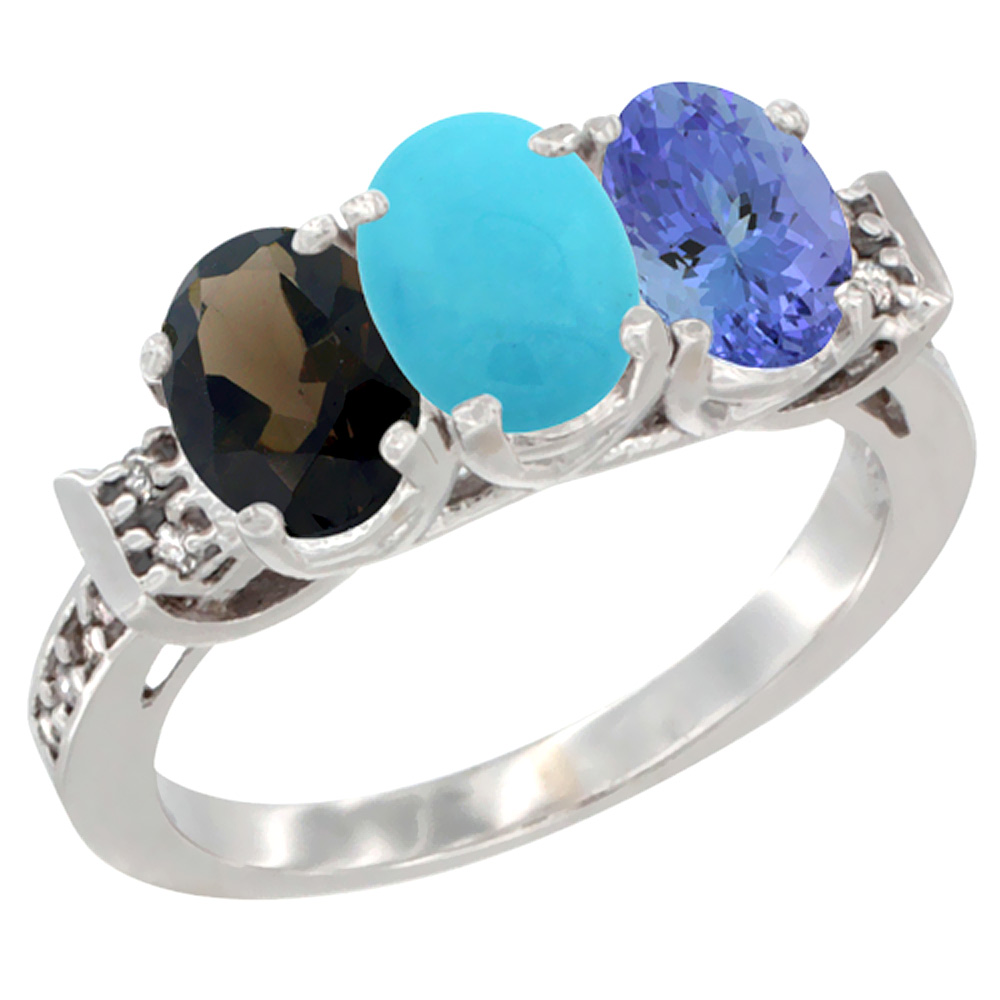 14K White Gold Natural Smoky Topaz, Turquoise & Tanzanite Ring 3-Stone Oval 7x5 mm Diamond Accent, sizes 5 - 10