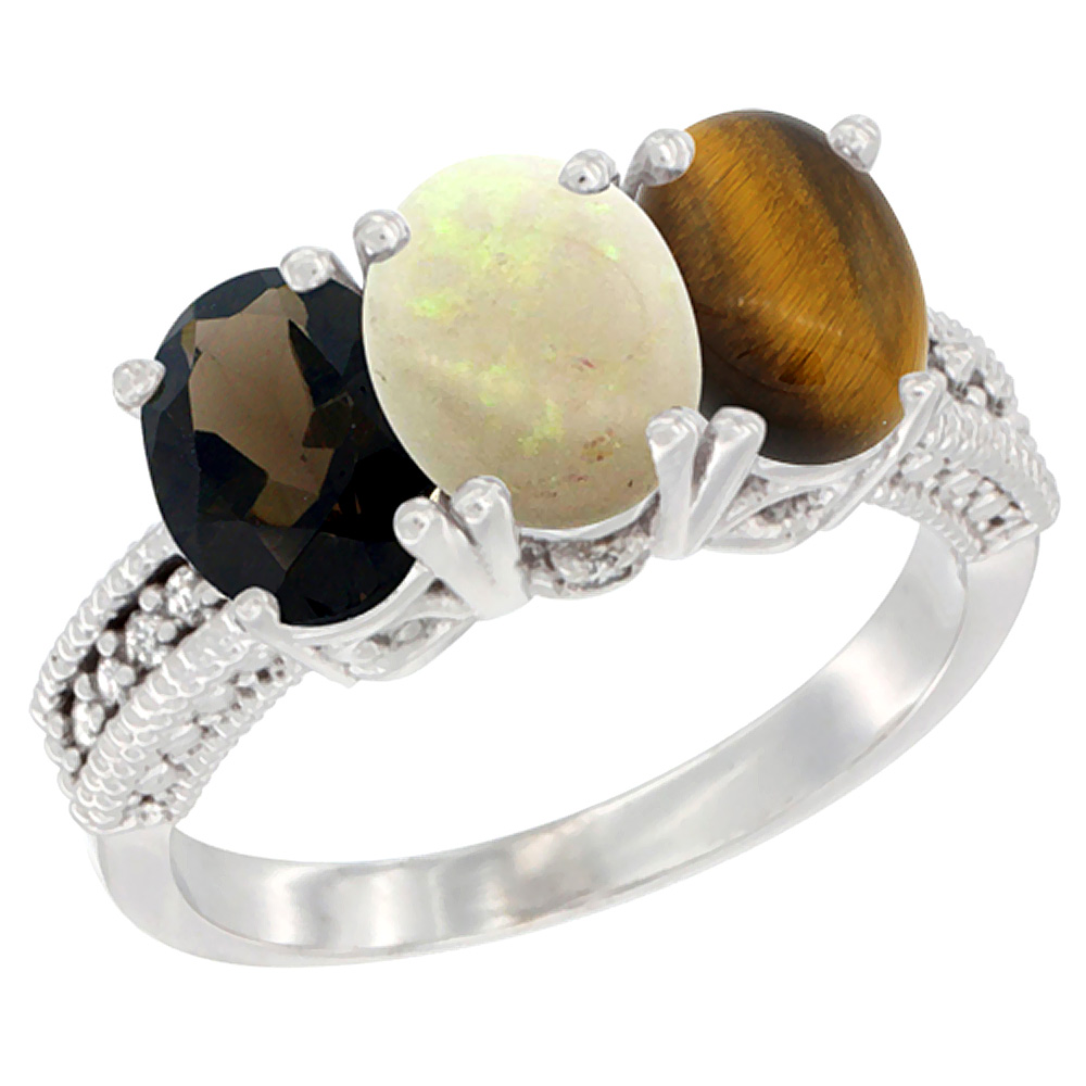 14K White Gold Natural Smoky Topaz, Opal & Tiger Eye Ring 3-Stone 7x5 mm Oval Diamond Accent, sizes 5 - 10