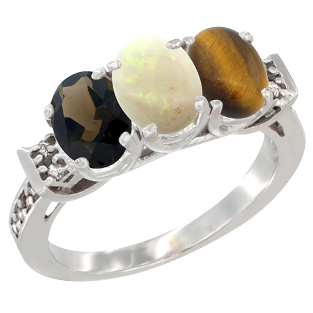 14K White Gold Natural Smoky Topaz, Opal &amp; Tiger Eye Ring 3-Stone Oval 7x5 mm Diamond Accent, sizes 5 - 10