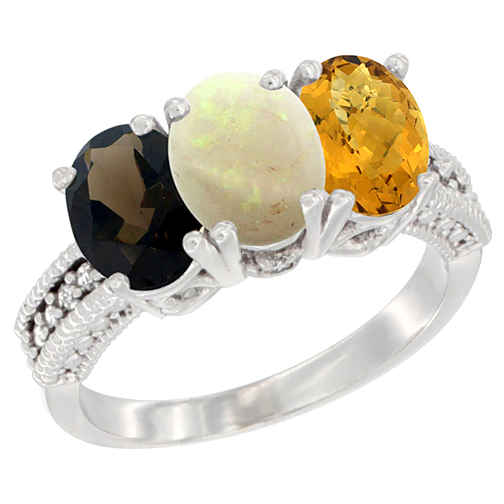 14K White Gold Natural Smoky Topaz, Opal & Whisky Quartz Ring 3-Stone 7x5 mm Oval Diamond Accent, sizes 5 - 10