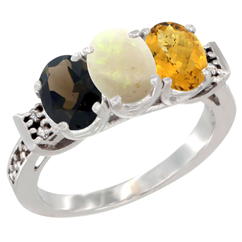 10K White Gold Natural Smoky Topaz, Opal &amp; Whisky Quartz Ring 3-Stone Oval 7x5 mm Diamond Accent, sizes 5 - 10