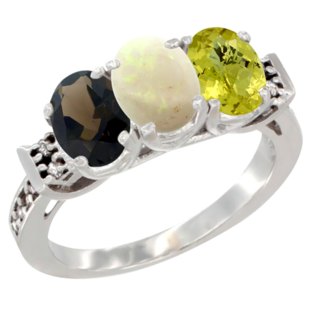 10K White Gold Natural Smoky Topaz, Opal &amp; Lemon Quartz Ring 3-Stone Oval 7x5 mm Diamond Accent, sizes 5 - 10