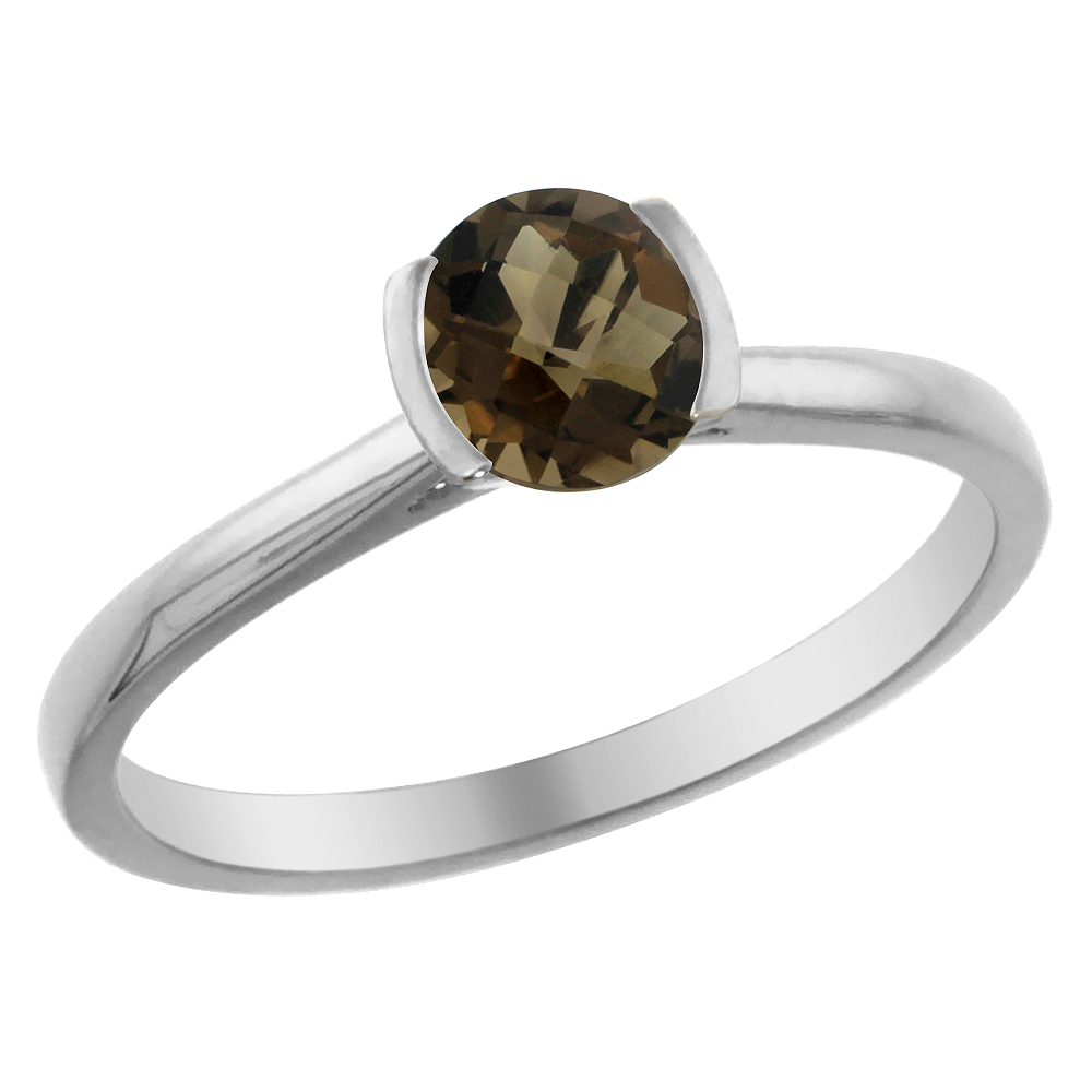 14K White Gold Natural Smoky Topaz Solitaire Ring Round 5mm sizes 5 - 10