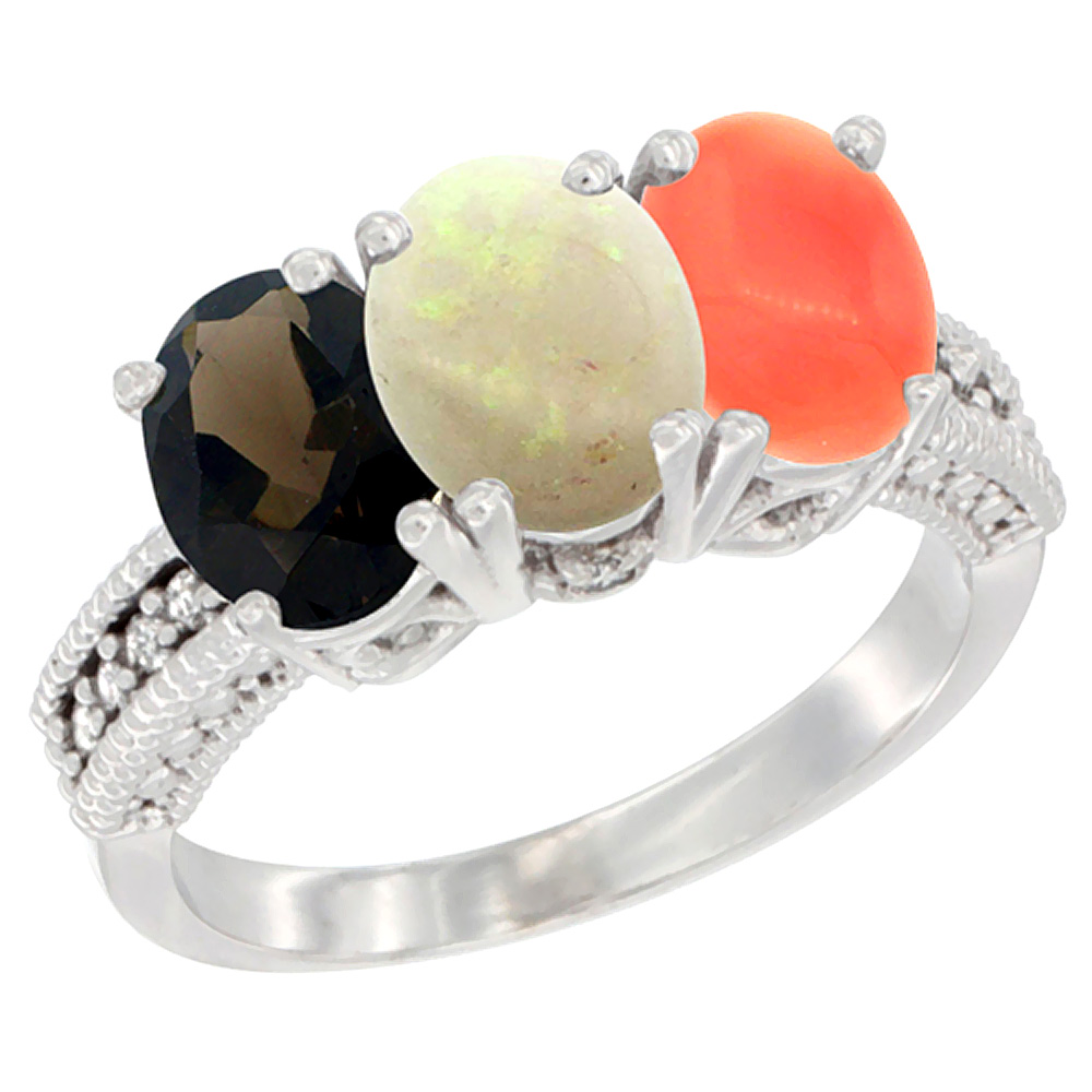 10K White Gold Natural Smoky Topaz, Opal &amp; Coral Ring 3-Stone Oval 7x5 mm Diamond Accent, sizes 5 - 10