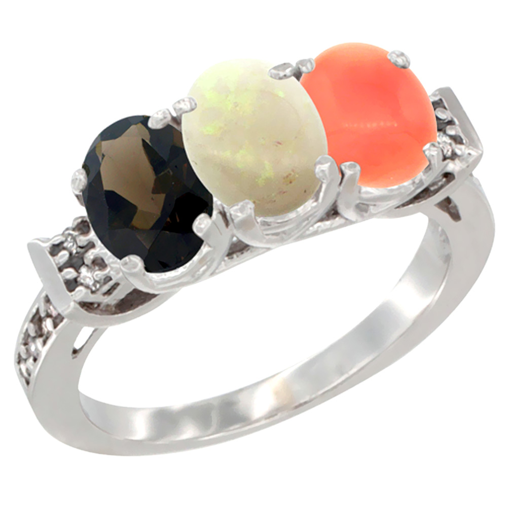 10K White Gold Natural Smoky Topaz, Opal & Coral Ring 3-Stone Oval 7x5 mm Diamond Accent, sizes 5 - 10