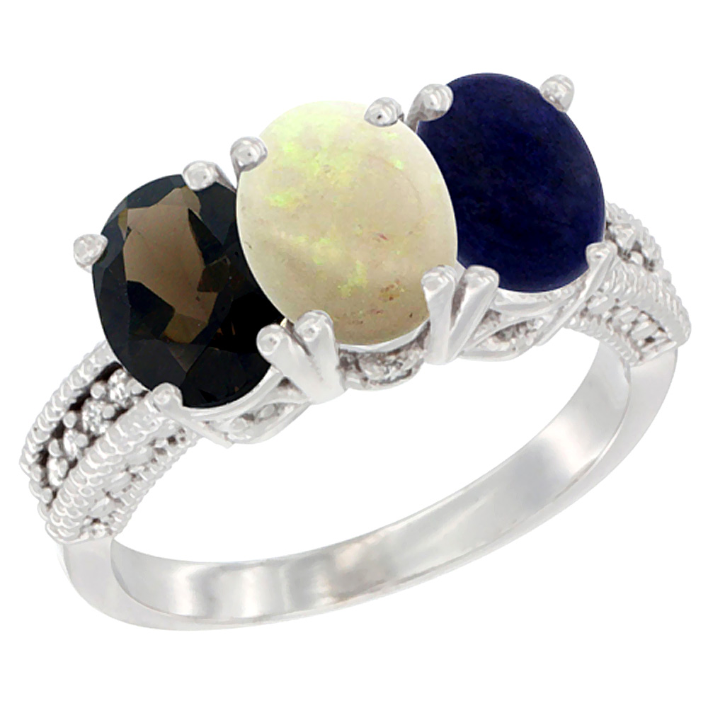 10K White Gold Natural Smoky Topaz, Opal & Lapis Ring 3-Stone Oval 7x5 mm Diamond Accent, sizes 5 - 10