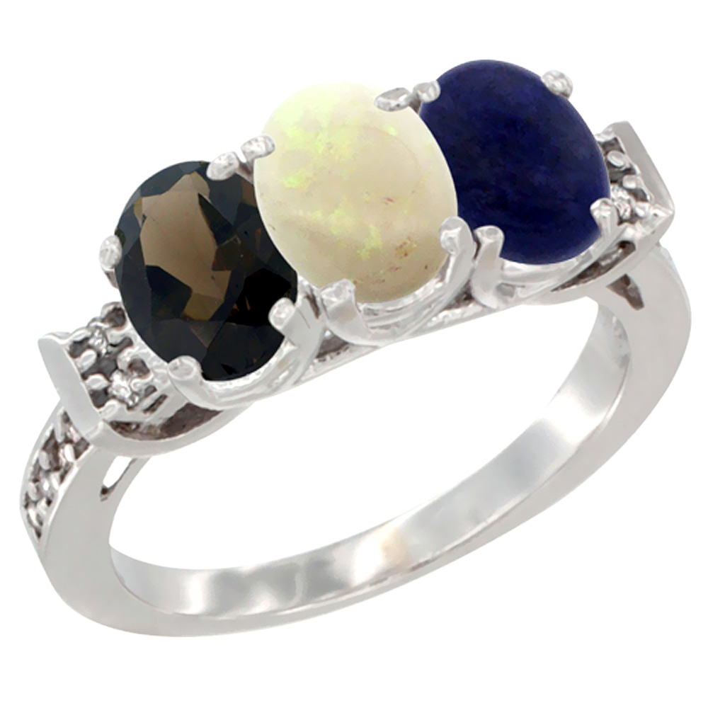 14K White Gold Natural Smoky Topaz, Opal &amp; Lapis Ring 3-Stone Oval 7x5 mm Diamond Accent, sizes 5 - 10