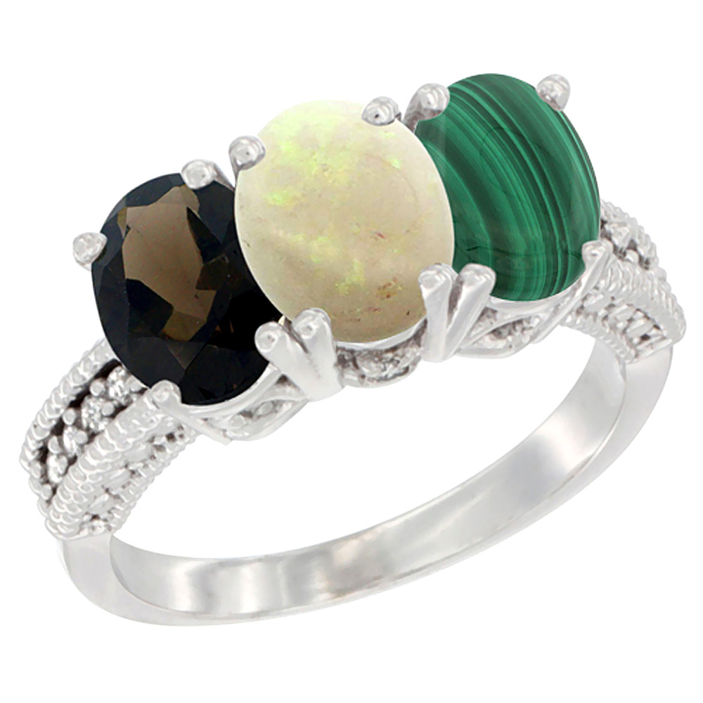 10K White Gold Natural Smoky Topaz, Opal & Malachite Ring 3-Stone Oval 7x5 mm Diamond Accent, sizes 5 - 10