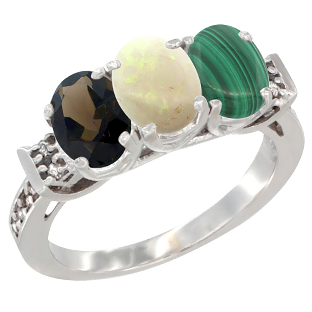 14K White Gold Natural Smoky Topaz, Opal &amp; Malachite Ring 3-Stone Oval 7x5 mm Diamond Accent, sizes 5 - 10