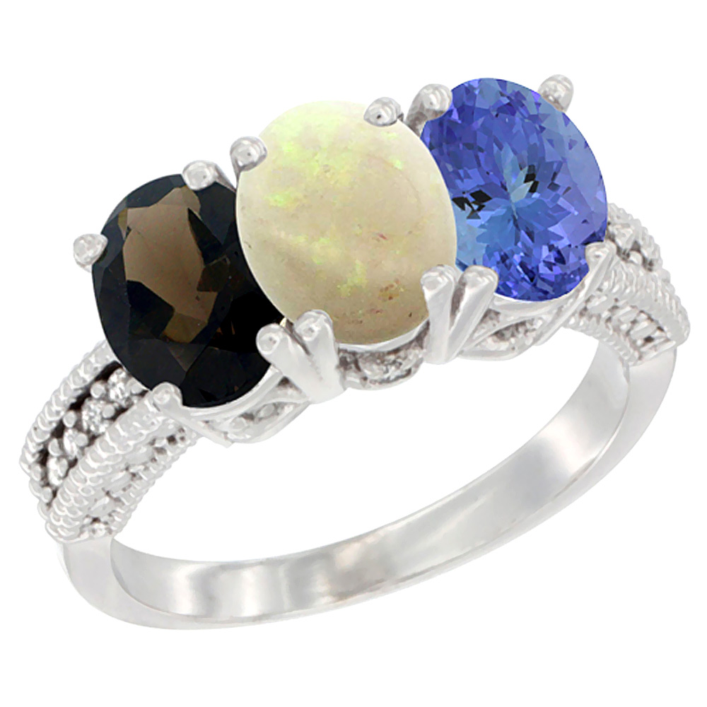 14K White Gold Natural Smoky Topaz, Opal & Tanzanite Ring 3-Stone 7x5 mm Oval Diamond Accent, sizes 5 - 10