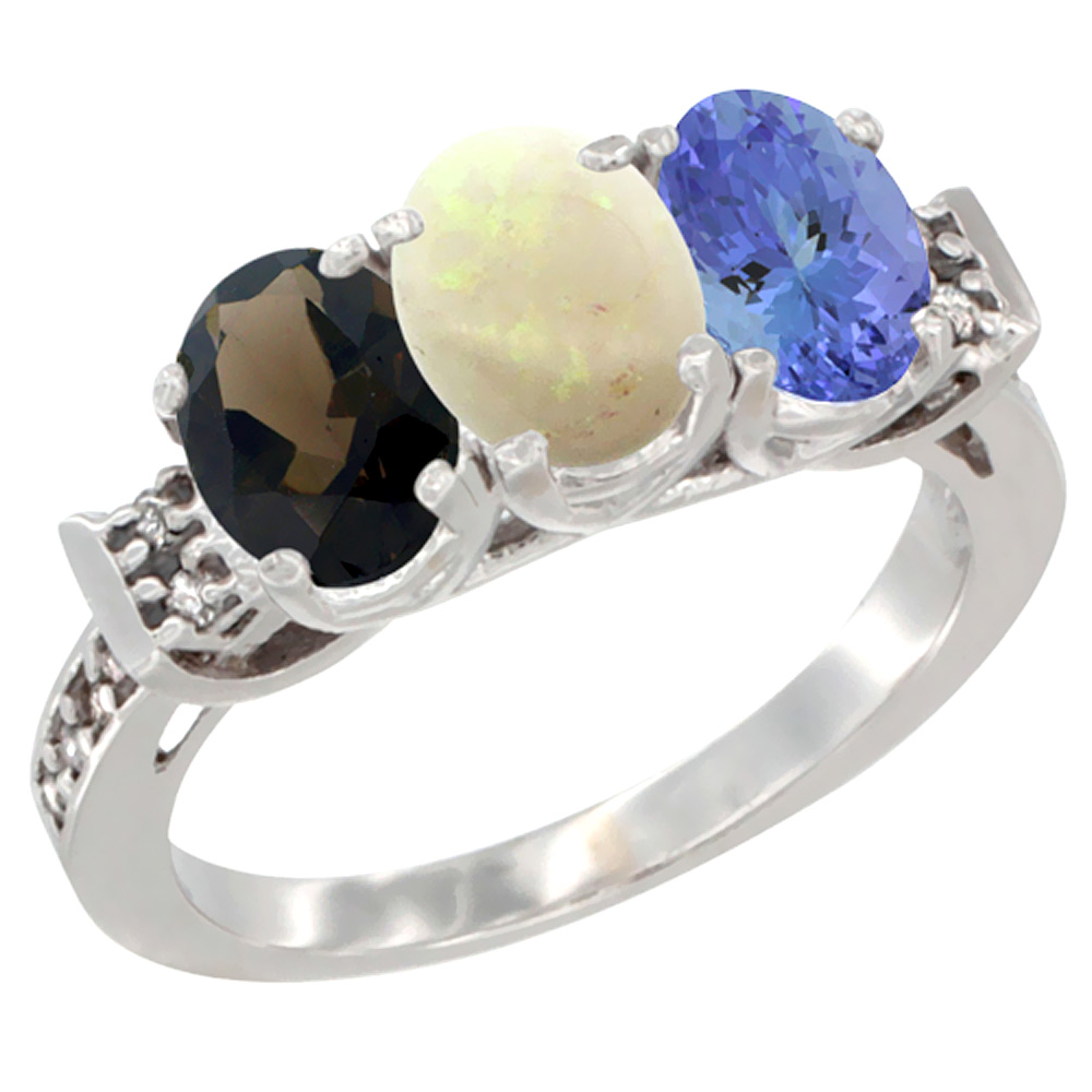 10K White Gold Natural Smoky Topaz, Opal & Tanzanite Ring 3-Stone Oval 7x5 mm Diamond Accent, sizes 5 - 10