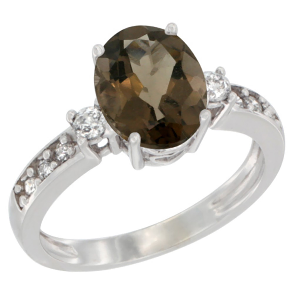 10K Yellow Gold Natural Smoky Topaz Ring Oval 9x7 mm Diamond Accent, sizes 5 - 10