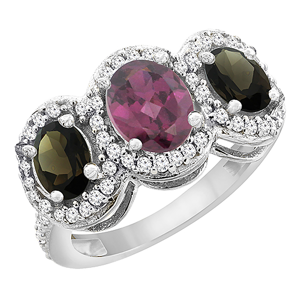 14K White Gold Natural Rhodolite &amp; Smoky Topaz 3-Stone Ring Oval Diamond Accent, sizes 5 - 10