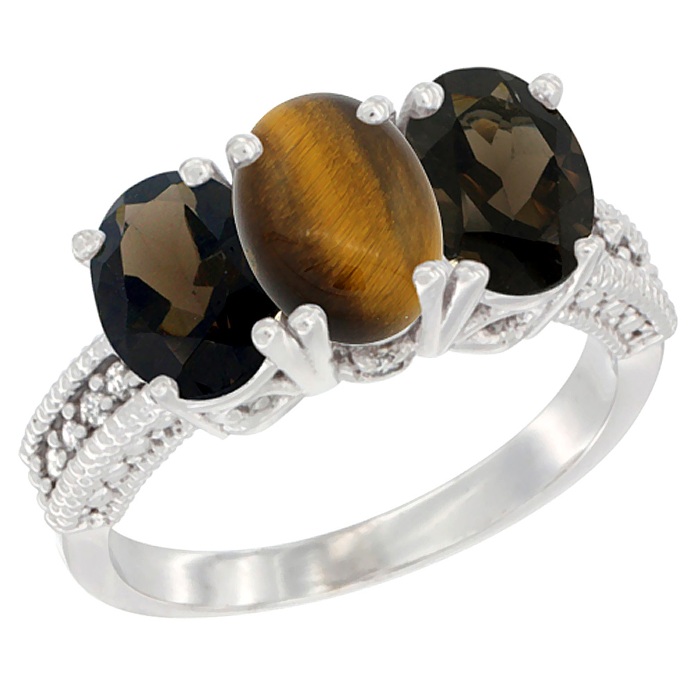 10K White Gold Natural Tiger Eye & Smoky Topaz Sides Ring 3-Stone Oval 7x5 mm Diamond Accent, sizes 5 - 10