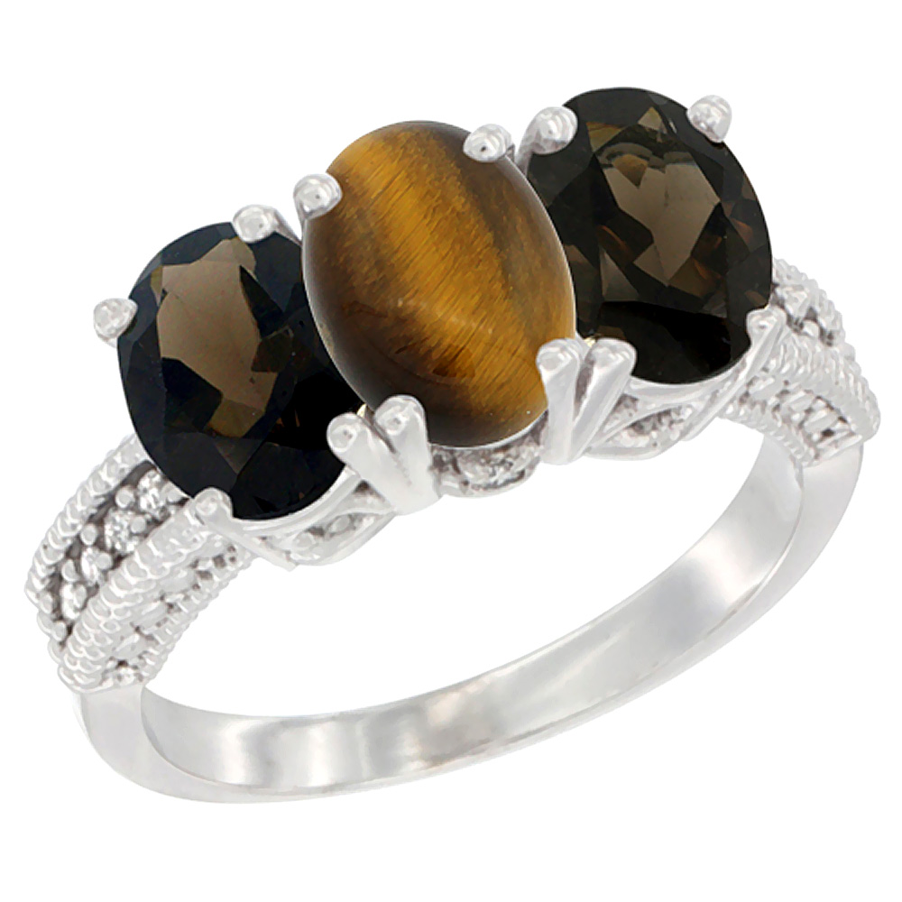 10K White Gold Natural Tiger Eye &amp; Smoky Topaz Sides Ring 3-Stone Oval 7x5 mm Diamond Accent, sizes 5 - 10