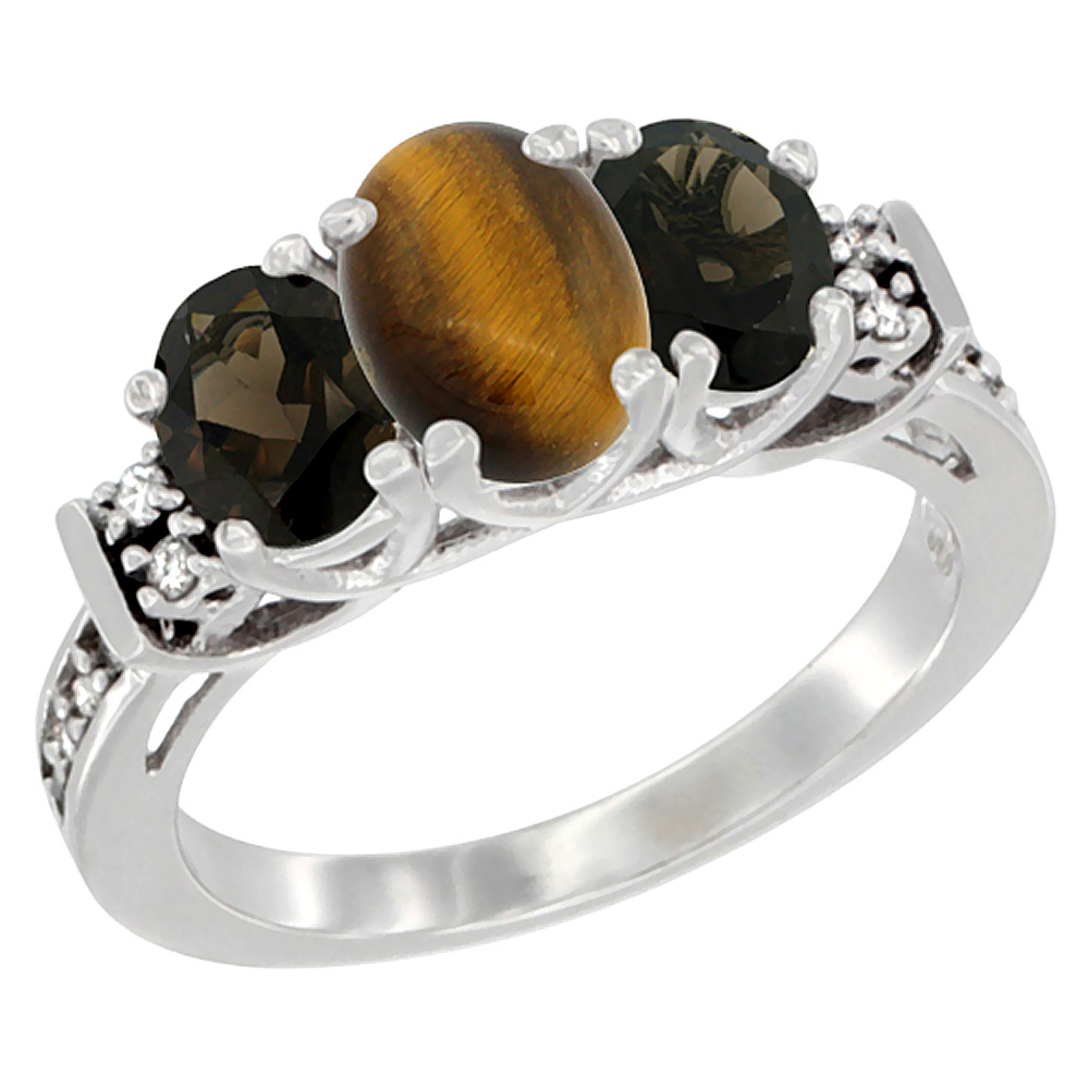 10K White Gold Natural Tiger Eye &amp; Smoky Topaz Ring 3-Stone Oval Diamond Accent, sizes 5-10