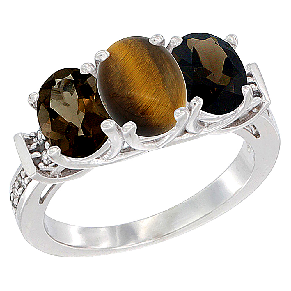 14K White Gold Natural Tiger Eye & Smoky Topaz Sides Ring 3-Stone Oval Diamond Accent, sizes 5 - 10
