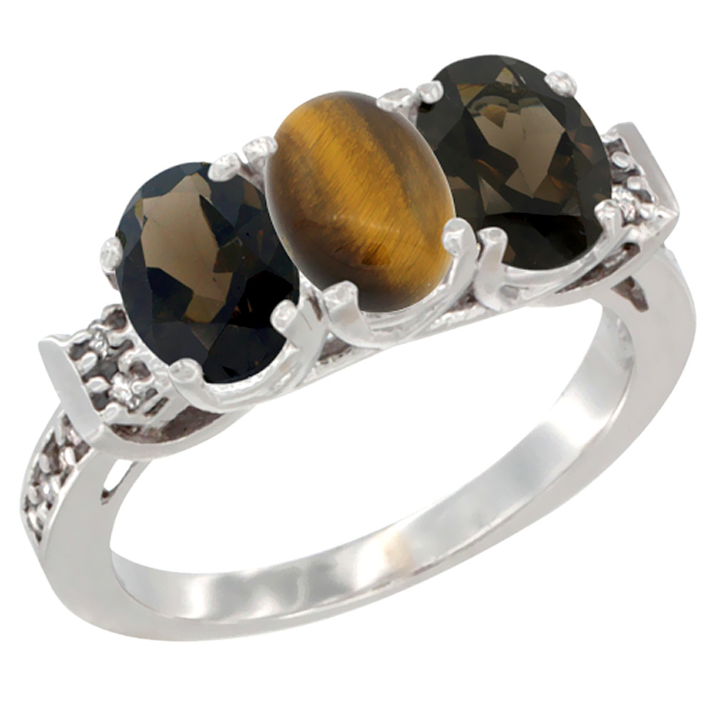 14K White Gold Natural Tiger Eye & Smoky Topaz Sides Ring 3-Stone Oval 7x5 mm Diamond Accent, sizes 5 - 10