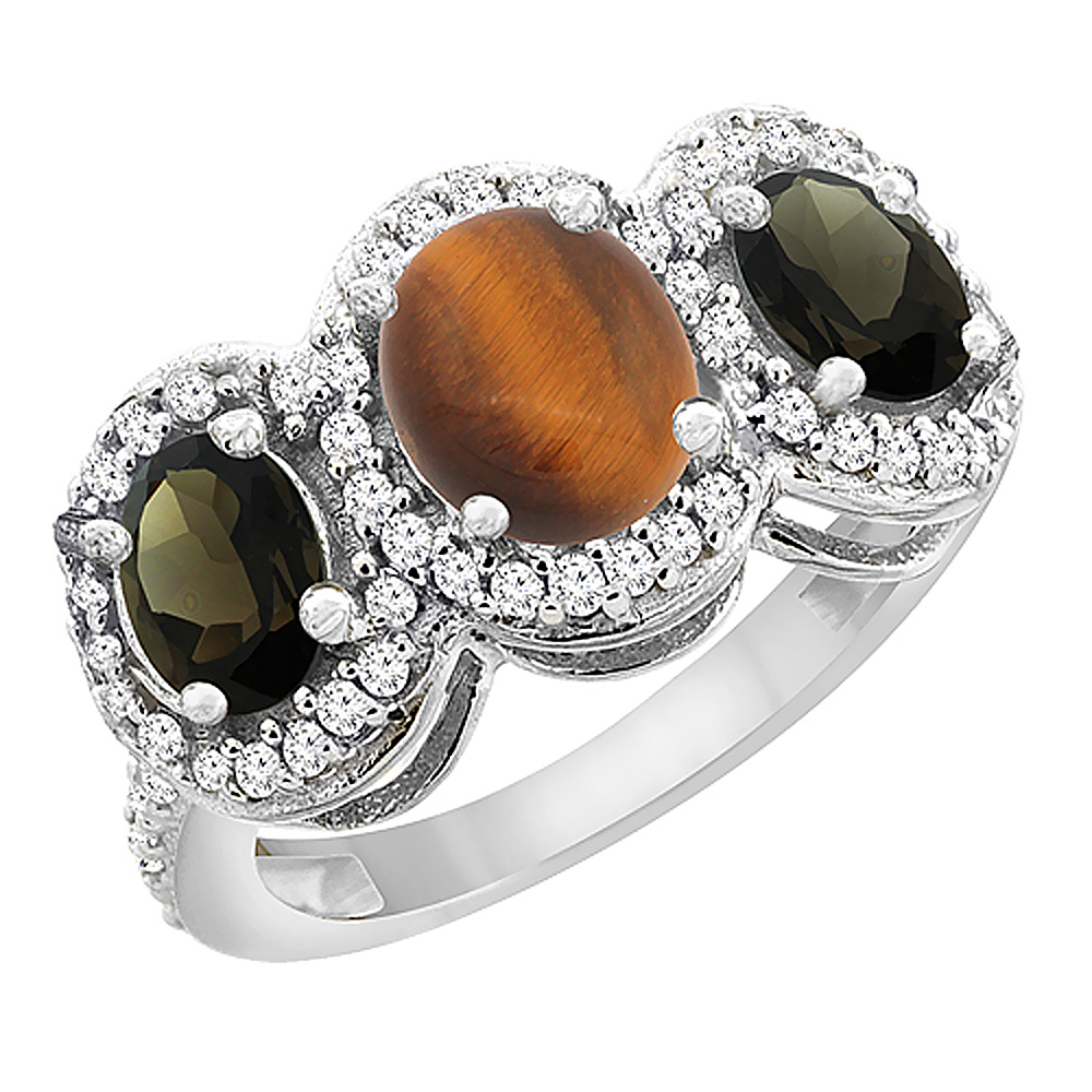 14K White Gold Natural Tiger Eye & Smoky Topaz 3-Stone Ring Oval Diamond Accent, sizes 5 - 10