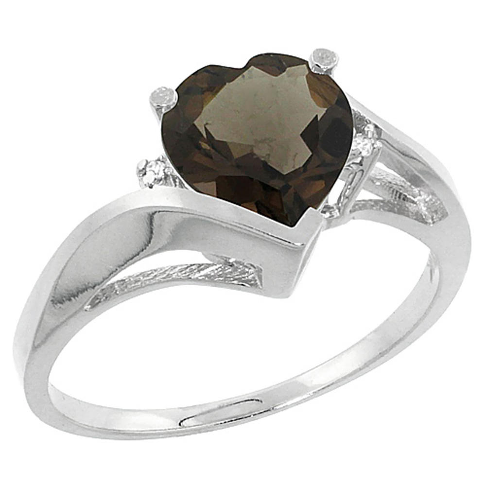 14K White Gold Natural Smoky Topaz Heart Ring 7mm Diamond Accent, sizes 5 - 10