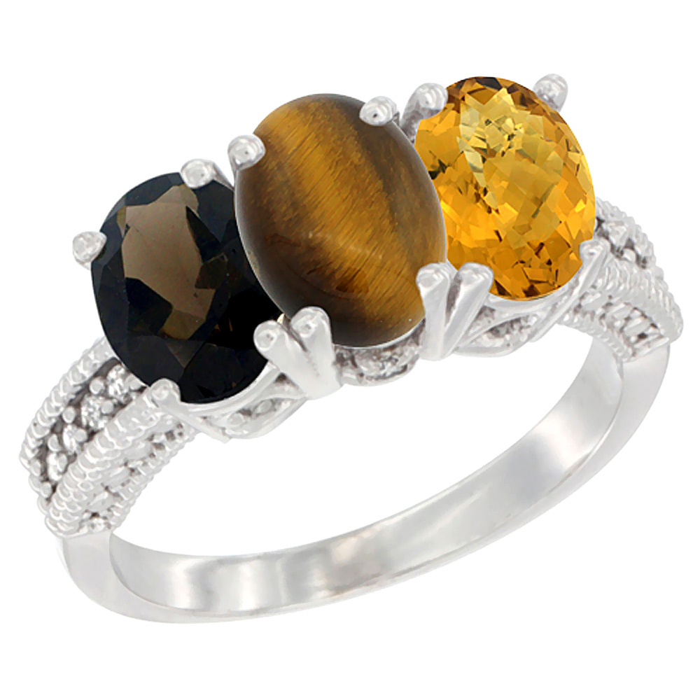 10K White Gold Natural Smoky Topaz, Tiger Eye &amp; Whisky Quartz Ring 3-Stone Oval 7x5 mm Diamond Accent, sizes 5 - 10