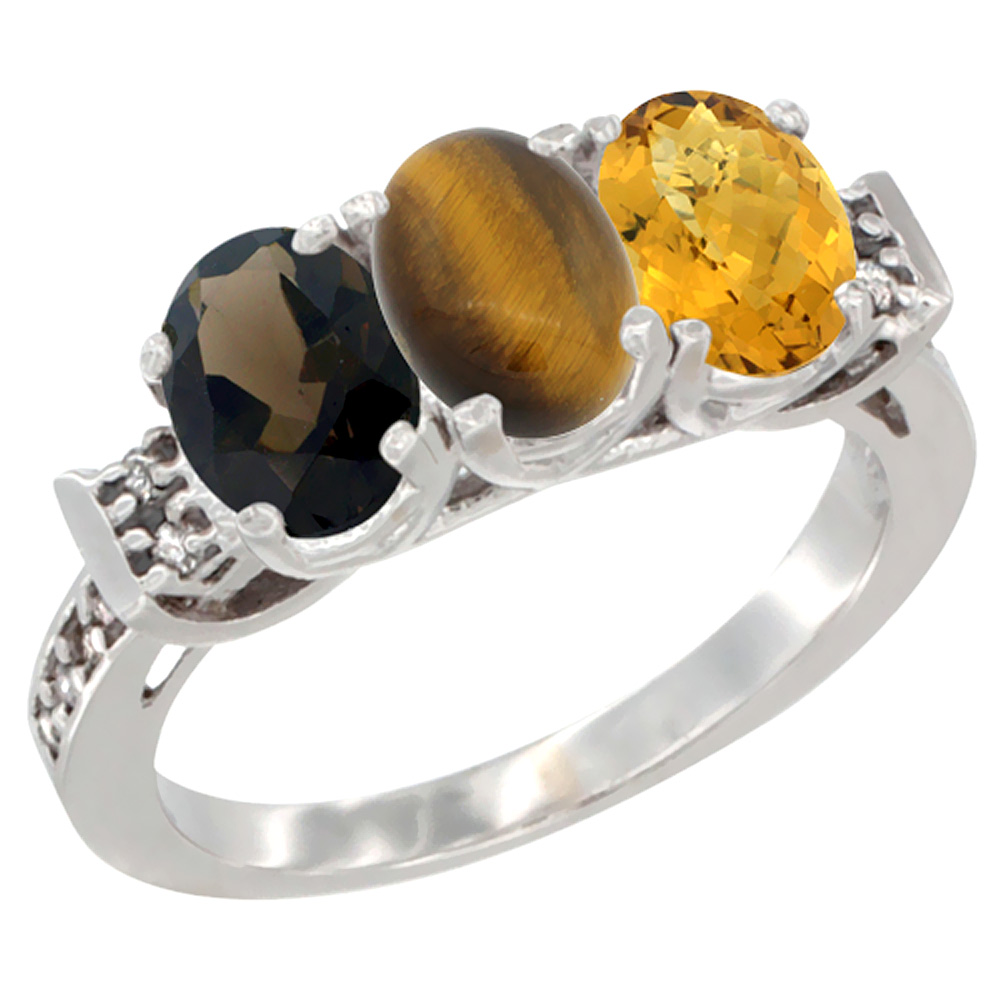 10K White Gold Natural Smoky Topaz, Tiger Eye &amp; Whisky Quartz Ring 3-Stone Oval 7x5 mm Diamond Accent, sizes 5 - 10