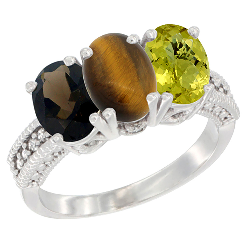 10K White Gold Natural Smoky Topaz, Tiger Eye &amp; Lemon Quartz Ring 3-Stone Oval 7x5 mm Diamond Accent, sizes 5 - 10