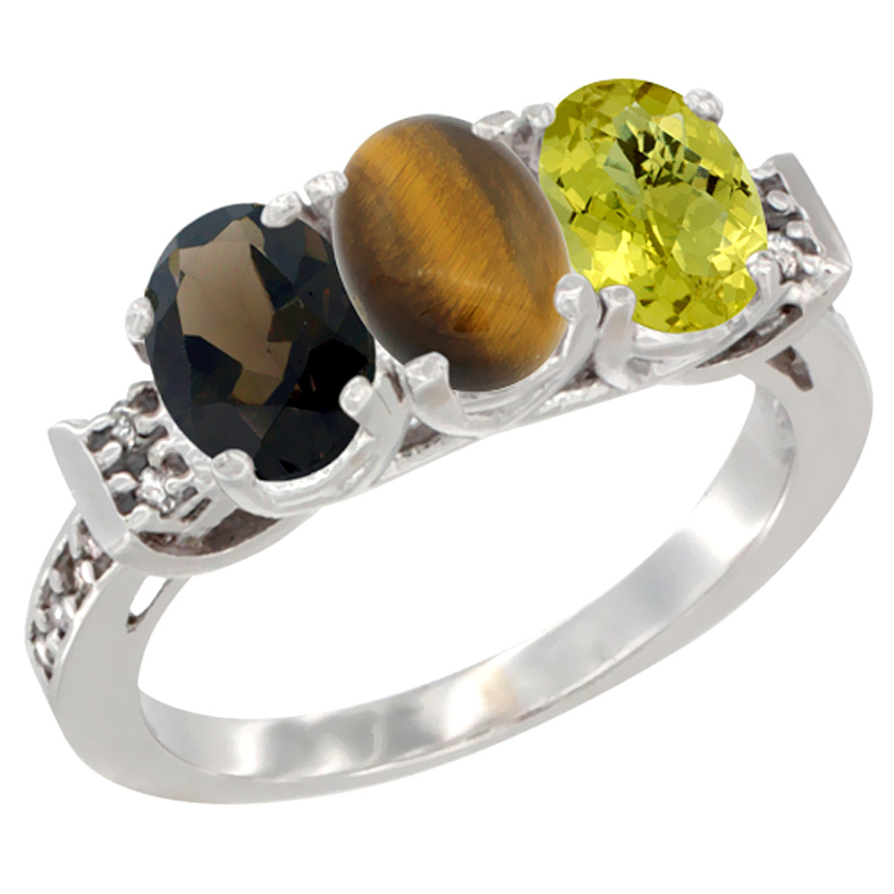 14K White Gold Natural Smoky Topaz, Tiger Eye & Lemon Quartz Ring 3-Stone Oval 7x5 mm Diamond Accent, sizes 5 - 10