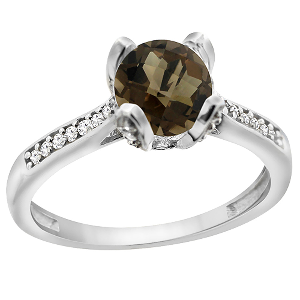 10K Yellow Gold Diamond Natural Smoky Topaz Engagement Ring Round 7mm, sizes 5 to 10 with half sizes