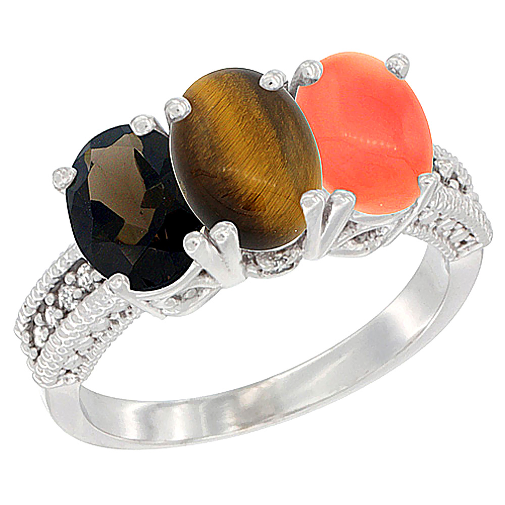 10K White Gold Natural Smoky Topaz, Tiger Eye &amp; Coral Ring 3-Stone Oval 7x5 mm Diamond Accent, sizes 5 - 10