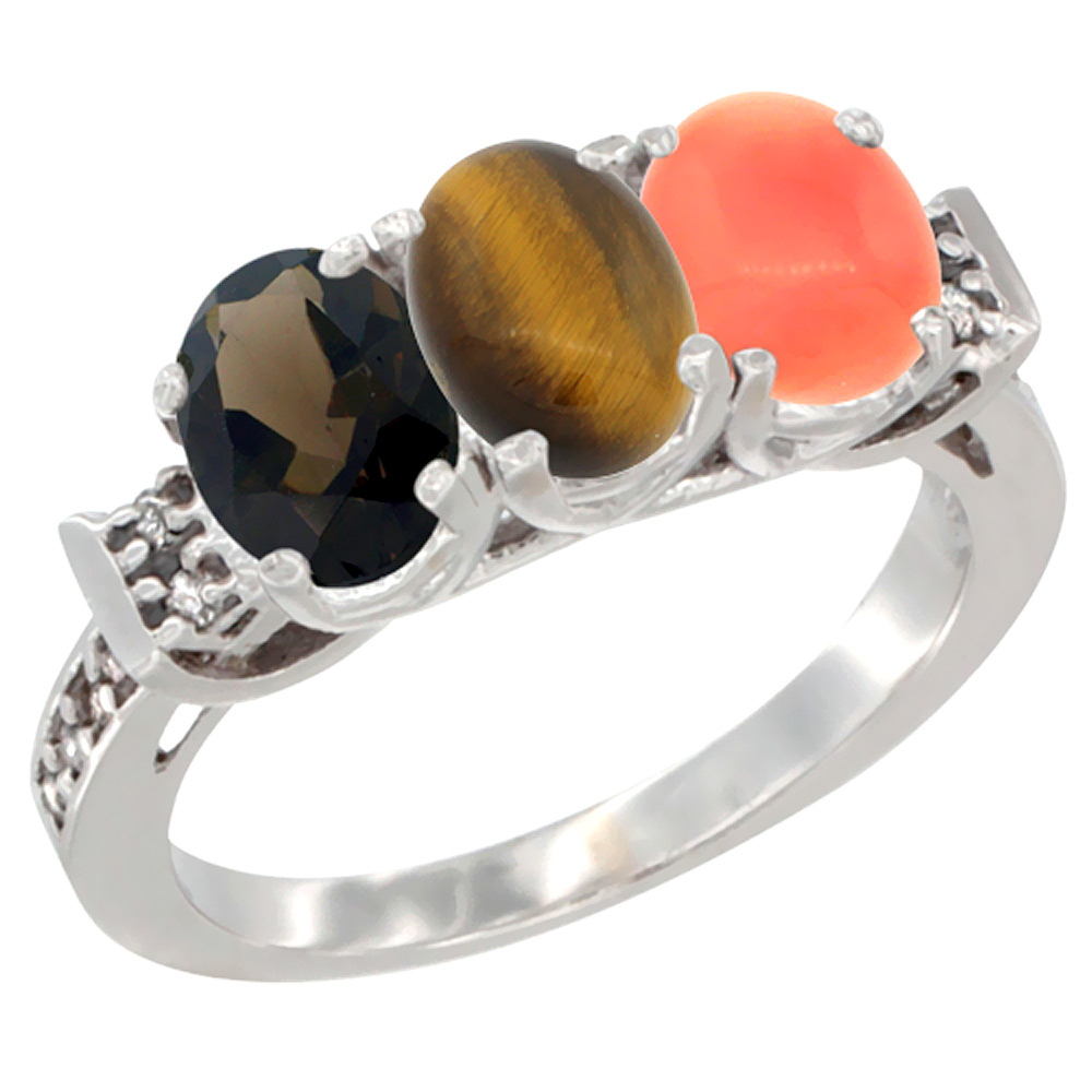 10K White Gold Natural Smoky Topaz, Tiger Eye & Coral Ring 3-Stone Oval 7x5 mm Diamond Accent, sizes 5 - 10