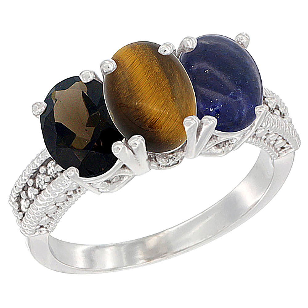 10K White Gold Natural Smoky Topaz, Tiger Eye & Lapis Ring 3-Stone Oval 7x5 mm Diamond Accent, sizes 5 - 10