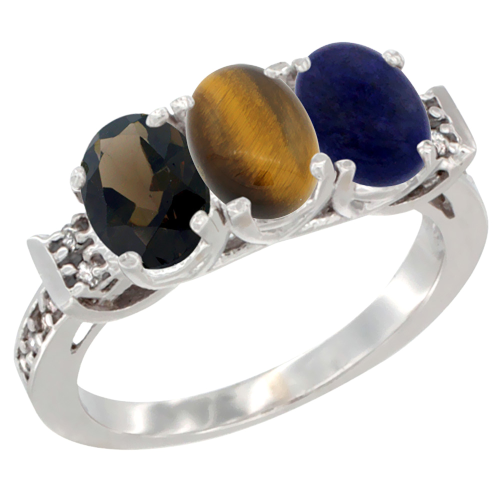 14K White Gold Natural Smoky Topaz, Tiger Eye & Lapis Ring 3-Stone Oval 7x5 mm Diamond Accent, sizes 5 - 10