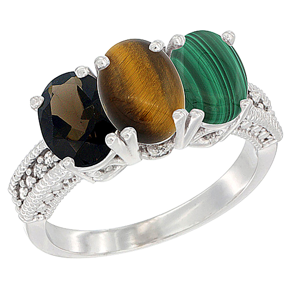 14K White Gold Natural Smoky Topaz, Tiger Eye & Malachite Ring 3-Stone 7x5 mm Oval Diamond Accent, sizes 5 - 10