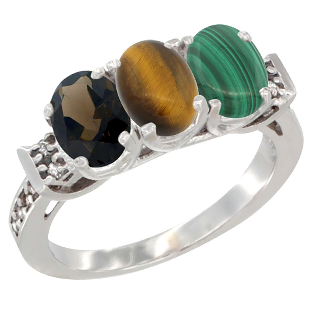 14K White Gold Natural Smoky Topaz, Tiger Eye & Malachite Ring 3-Stone Oval 7x5 mm Diamond Accent, sizes 5 - 10