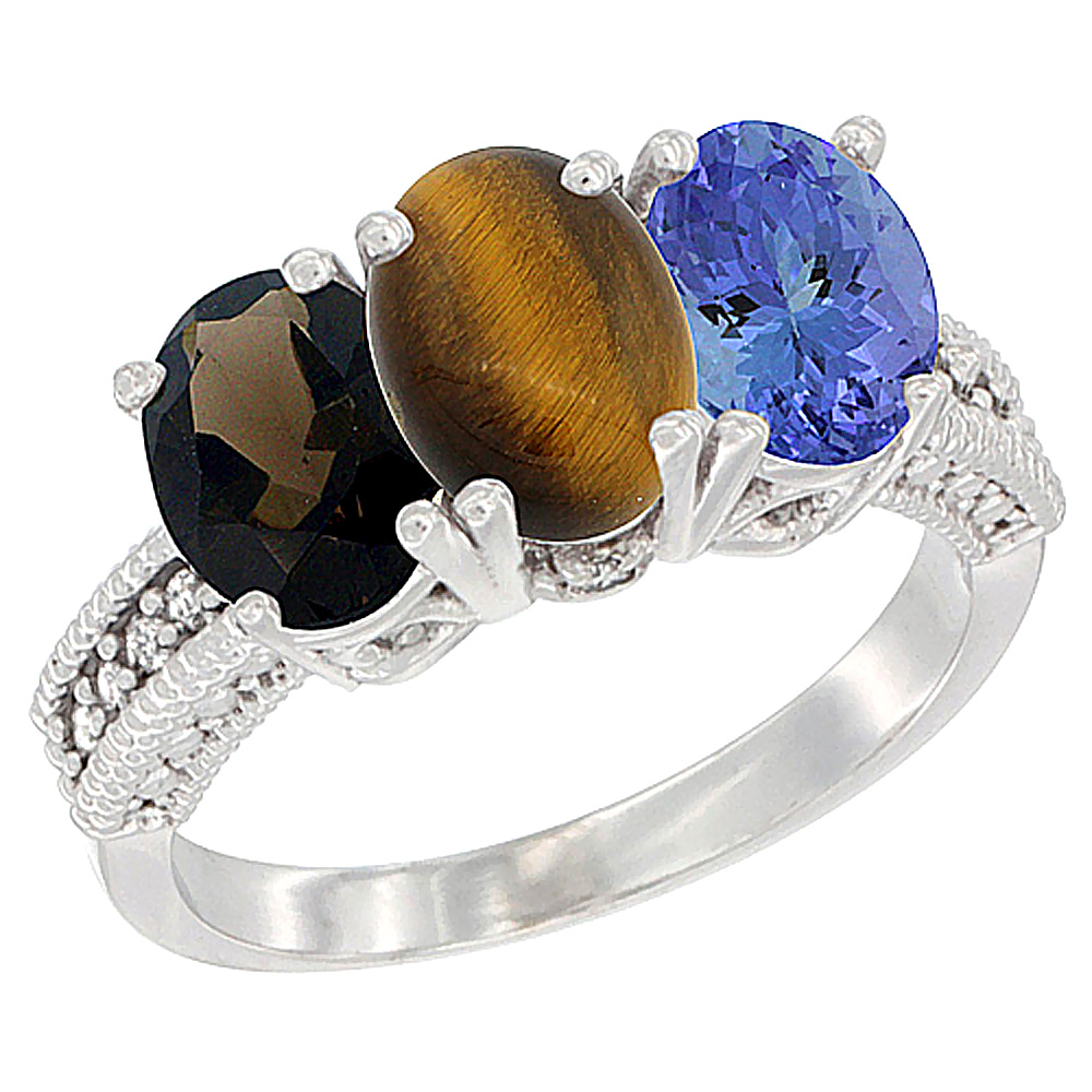 10K White Gold Natural Smoky Topaz, Tiger Eye &amp; Tanzanite Ring 3-Stone Oval 7x5 mm Diamond Accent, sizes 5 - 10