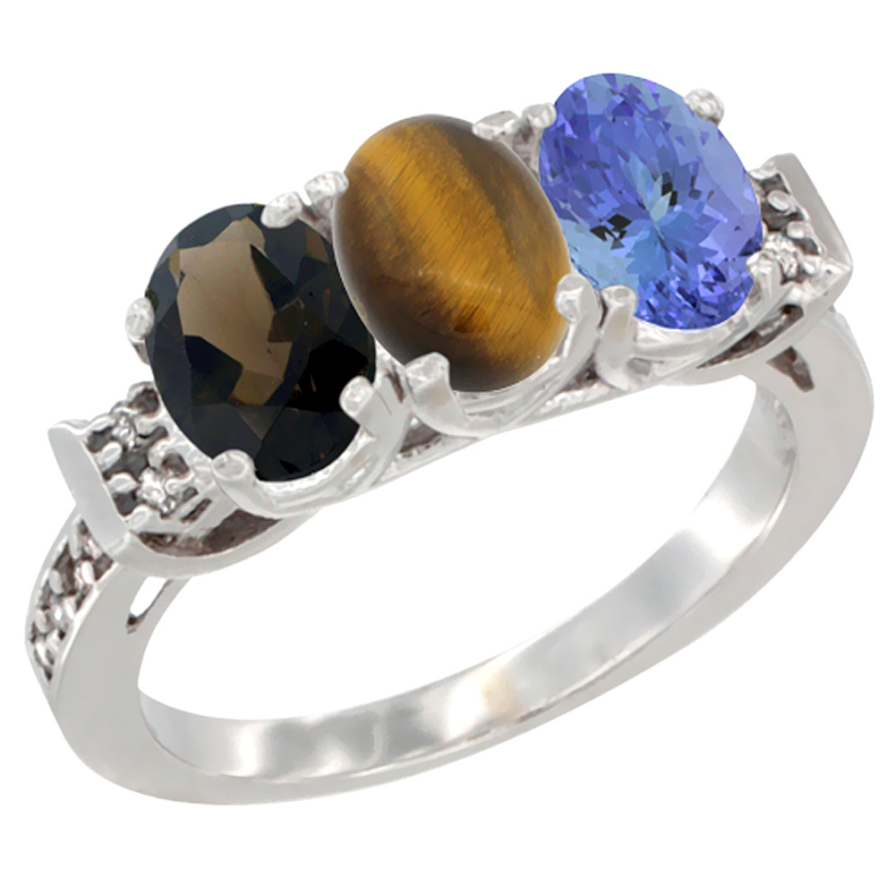 10K White Gold Natural Smoky Topaz, Tiger Eye & Tanzanite Ring 3-Stone Oval 7x5 mm Diamond Accent, sizes 5 - 10