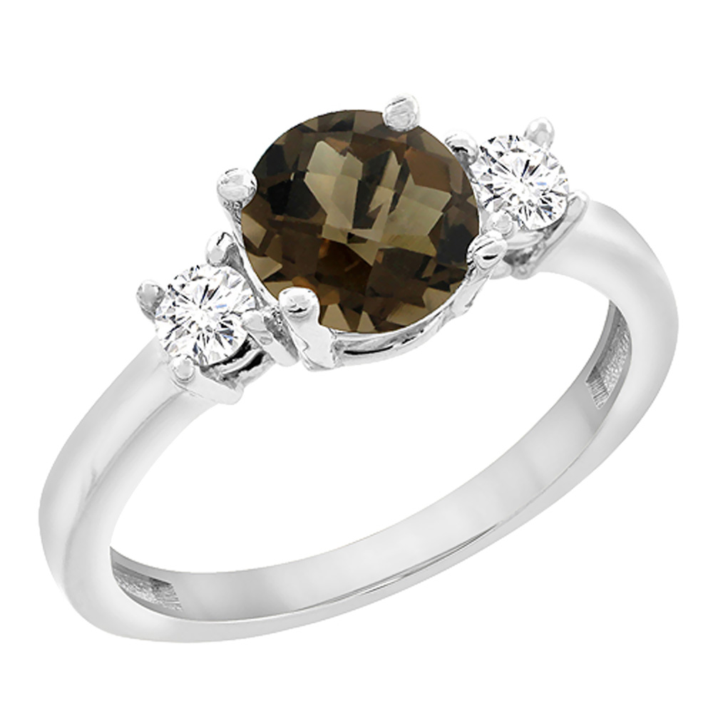 14K Yellow Gold Diamond Natural Smoky Topaz Engagement Ring Round 7mm, sizes 5 to 10 with half sizes