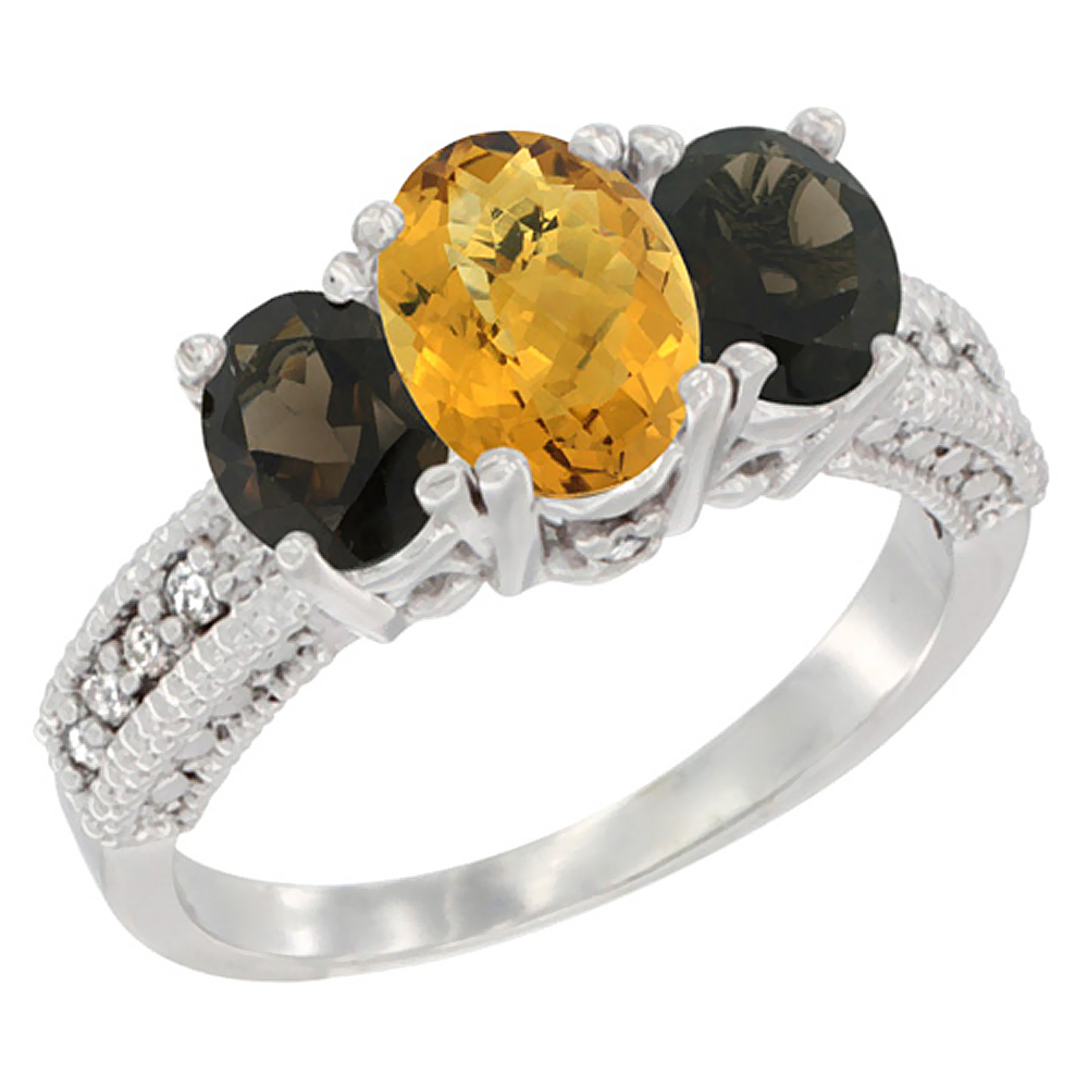 14K White Gold Diamond Natural Whisky Quartz Ring Oval 3-stone with Smoky Topaz, sizes 5 - 10