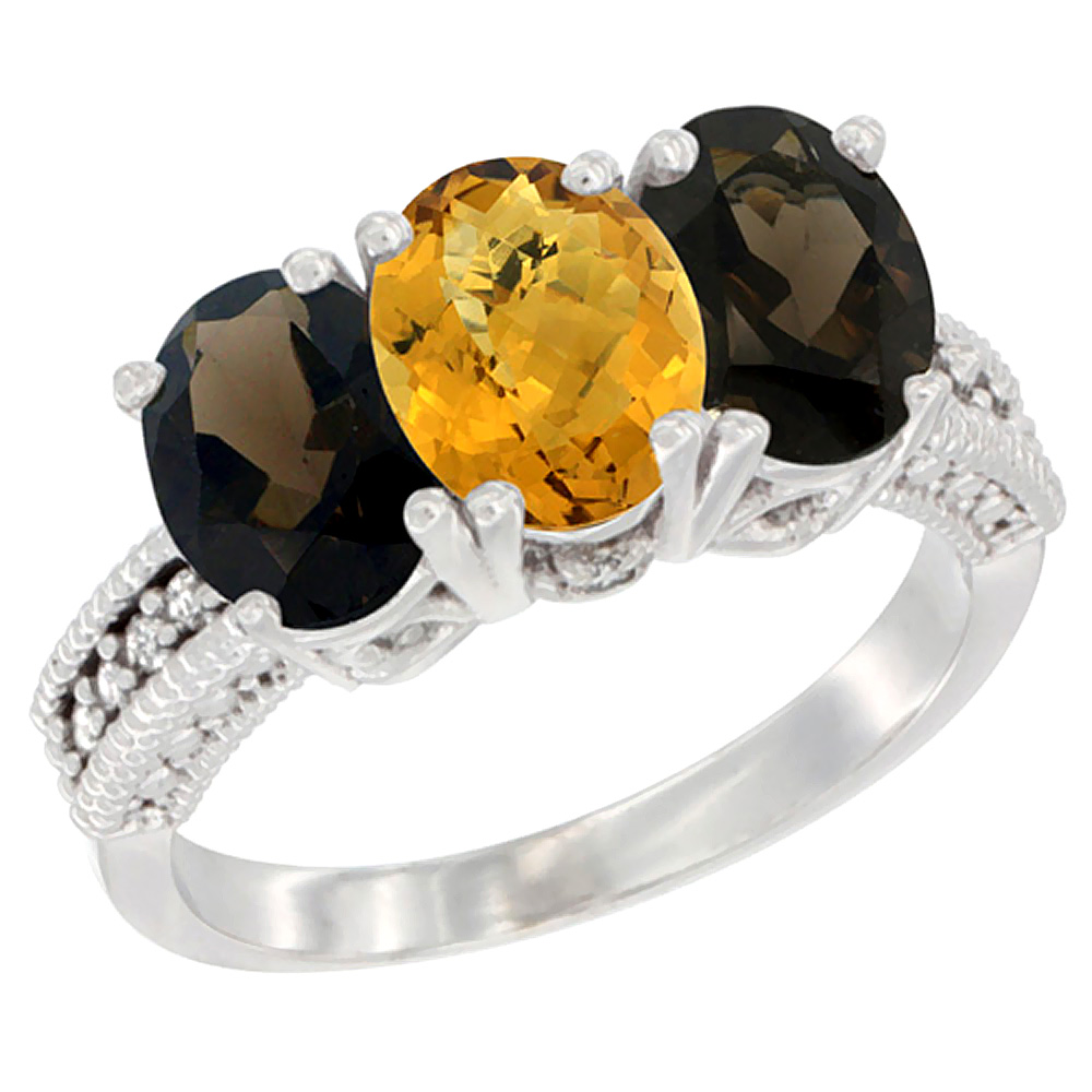 14K White Gold Natural Whisky Quartz & Smoky Topaz Ring 3-Stone 7x5 mm Oval Diamond Accent, sizes 5 - 10