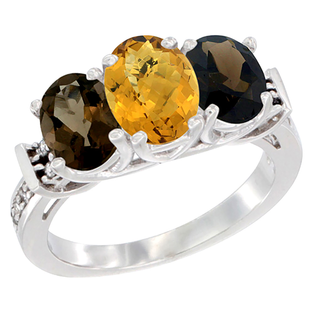 14K White Gold Natural Whisky Quartz & Smoky Topaz Sides Ring 3-Stone Oval Diamond Accent, sizes 5 - 10