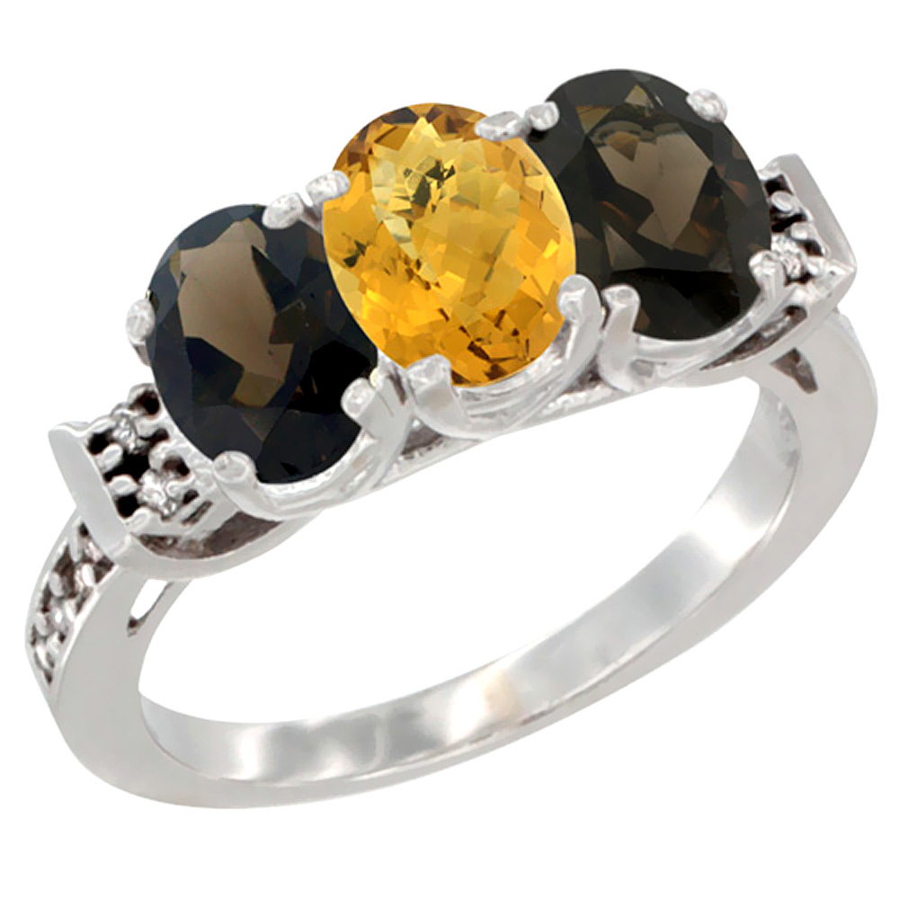 14K White Gold Natural Whisky Quartz & Smoky Topaz Sides Ring 3-Stone Oval 7x5 mm Diamond Accent, sizes 5 - 10