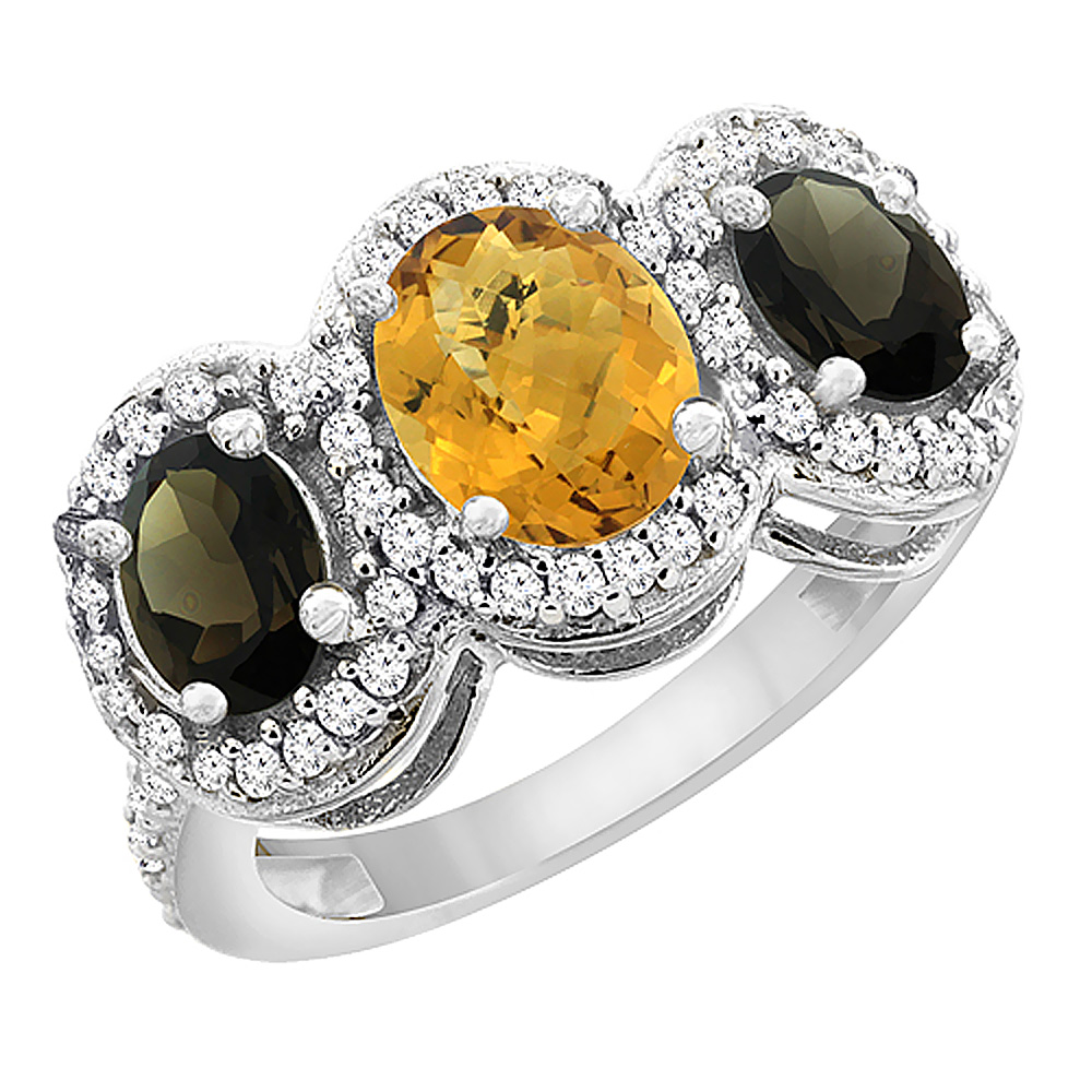 14K White Gold Natural Whisky Quartz &amp; Smoky Topaz 3-Stone Ring Oval Diamond Accent, sizes 5 - 10