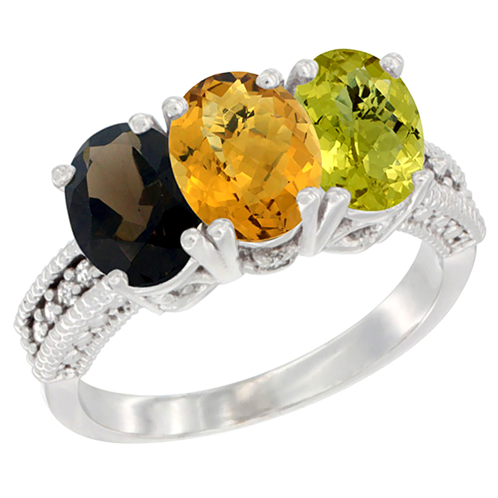 14K White Gold Natural Smoky Topaz, Whisky Quartz & Lemon Quartz Ring 3-Stone 7x5 mm Oval Diamond Accent, sizes 5 - 10