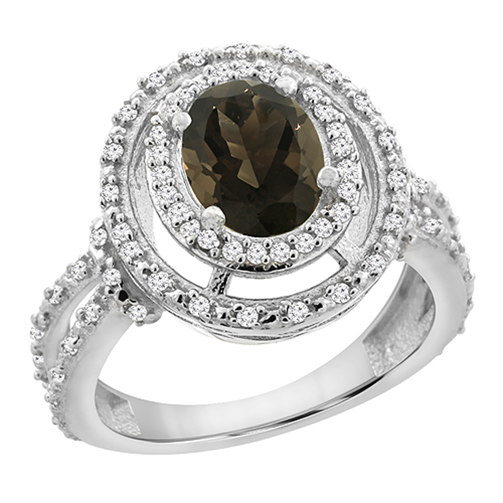 10K Yellow Gold Natural Smoky Topaz Ring Oval 8x6 mm Double Halo Diamond, sizes 5 - 10
