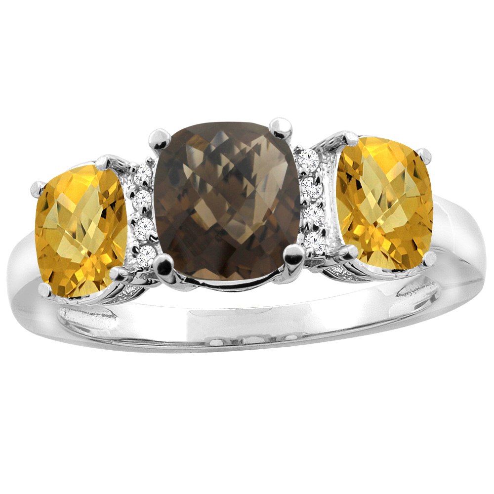 14K White Gold Natural Smoky Topaz &amp; Whisky Quartz 3-stone Ring Cushion 8x6mm Diamond Accent, sizes 5 - 10