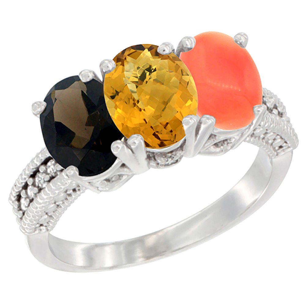 14K White Gold Natural Smoky Topaz, Whisky Quartz & Coral Ring 3-Stone 7x5 mm Oval Diamond Accent, sizes 5 - 10