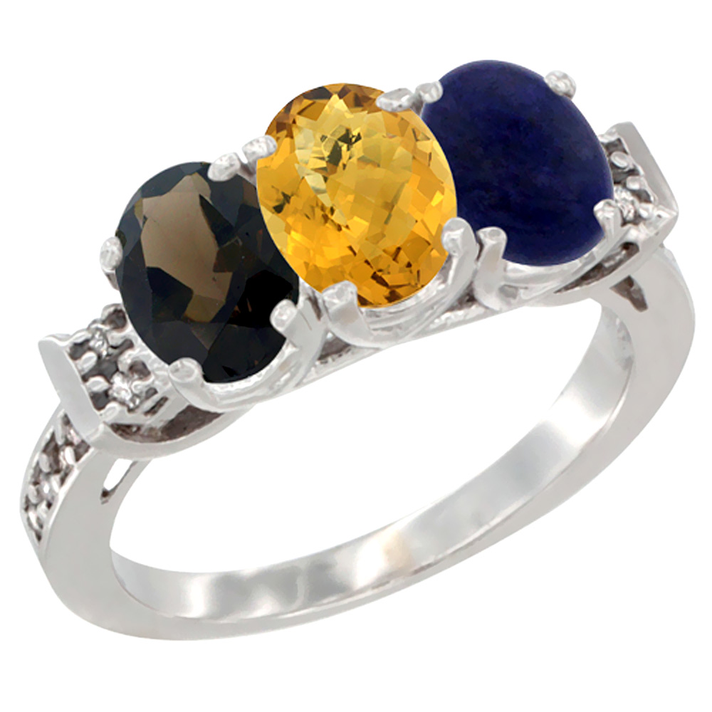 10K White Gold Natural Smoky Topaz, Whisky Quartz & Lapis Ring 3-Stone Oval 7x5 mm Diamond Accent, sizes 5 - 10