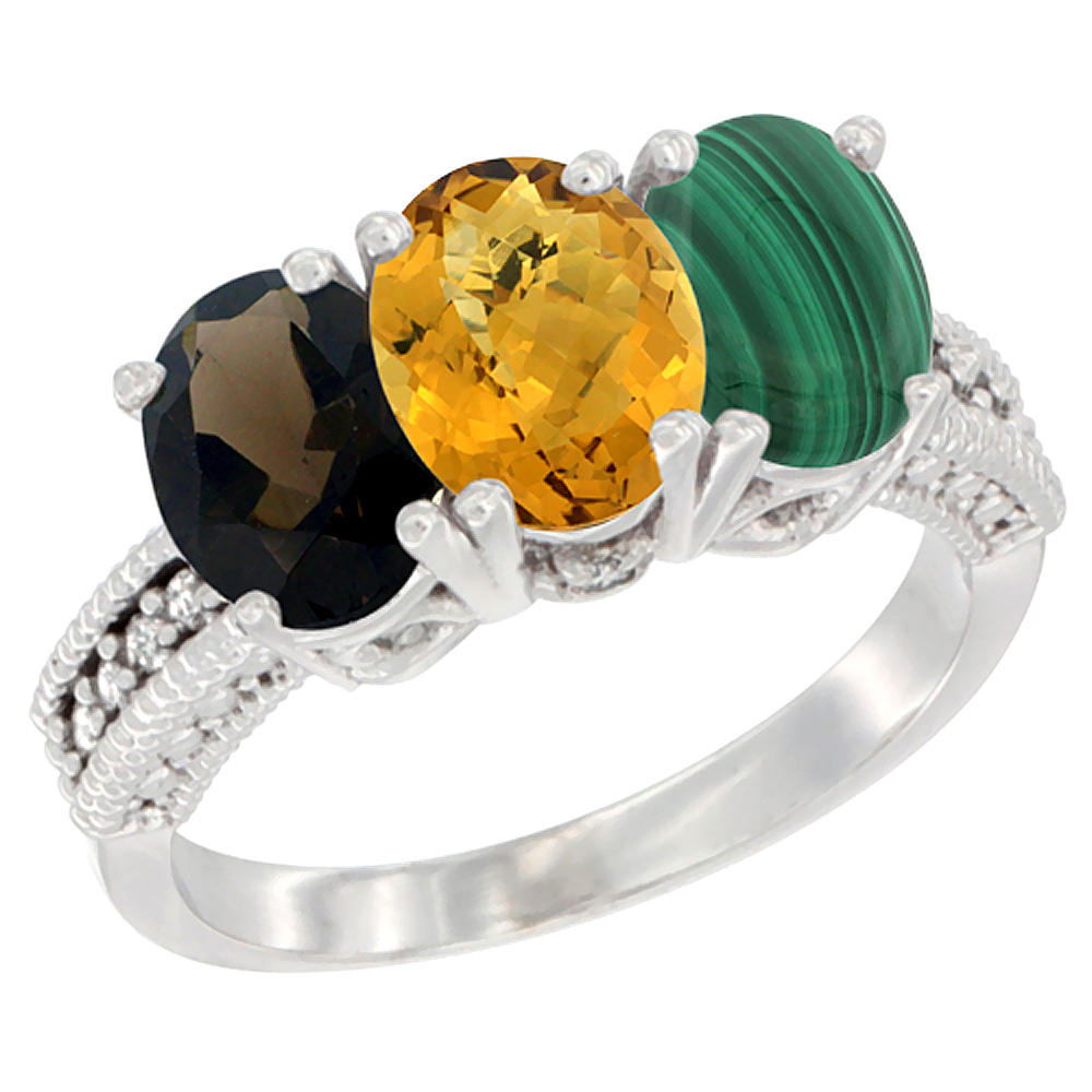 14K White Gold Natural Smoky Topaz, Whisky Quartz & Malachite Ring 3-Stone 7x5 mm Oval Diamond Accent, sizes 5 - 10