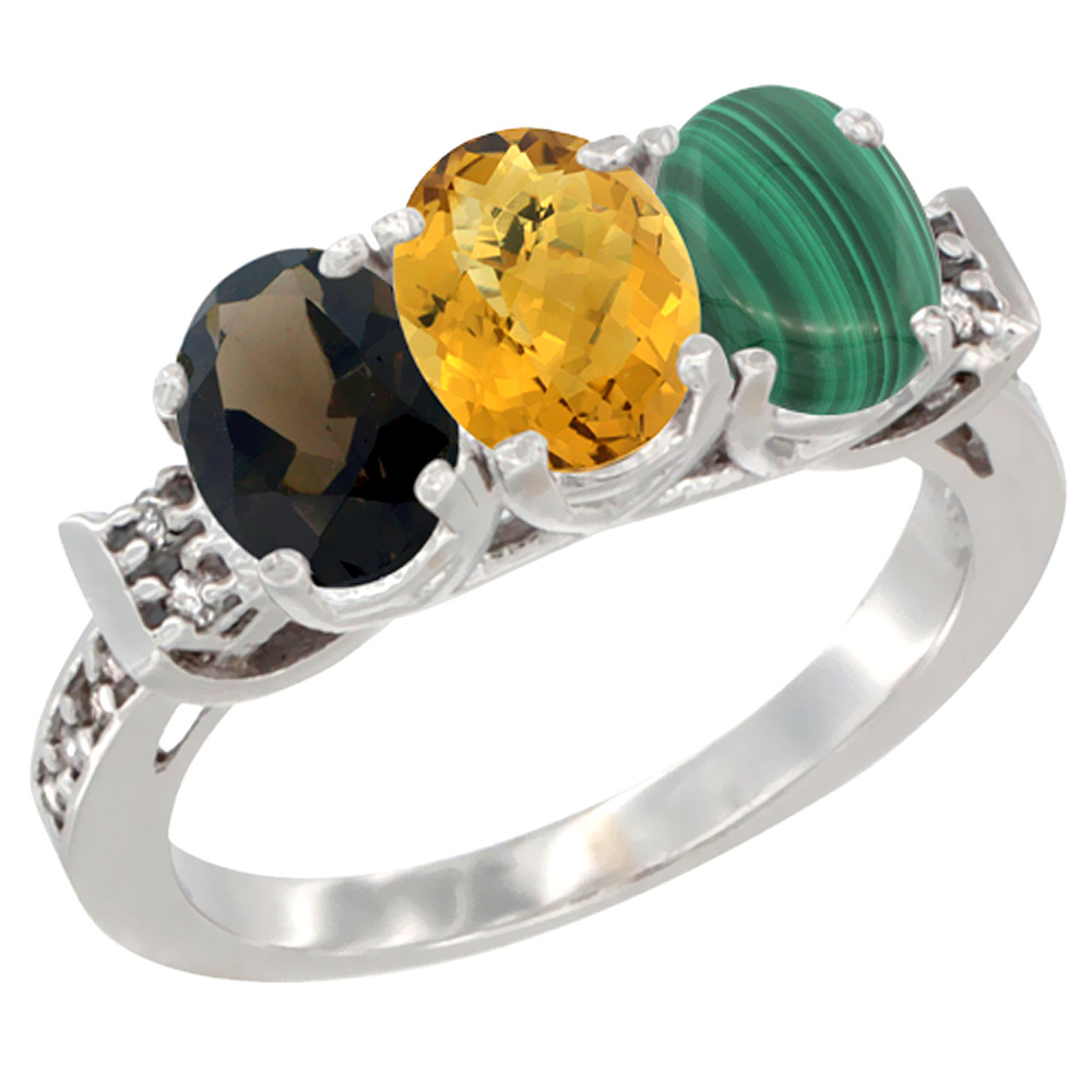 14K White Gold Natural Smoky Topaz, Whisky Quartz &amp; Malachite Ring 3-Stone Oval 7x5 mm Diamond Accent, sizes 5 - 10